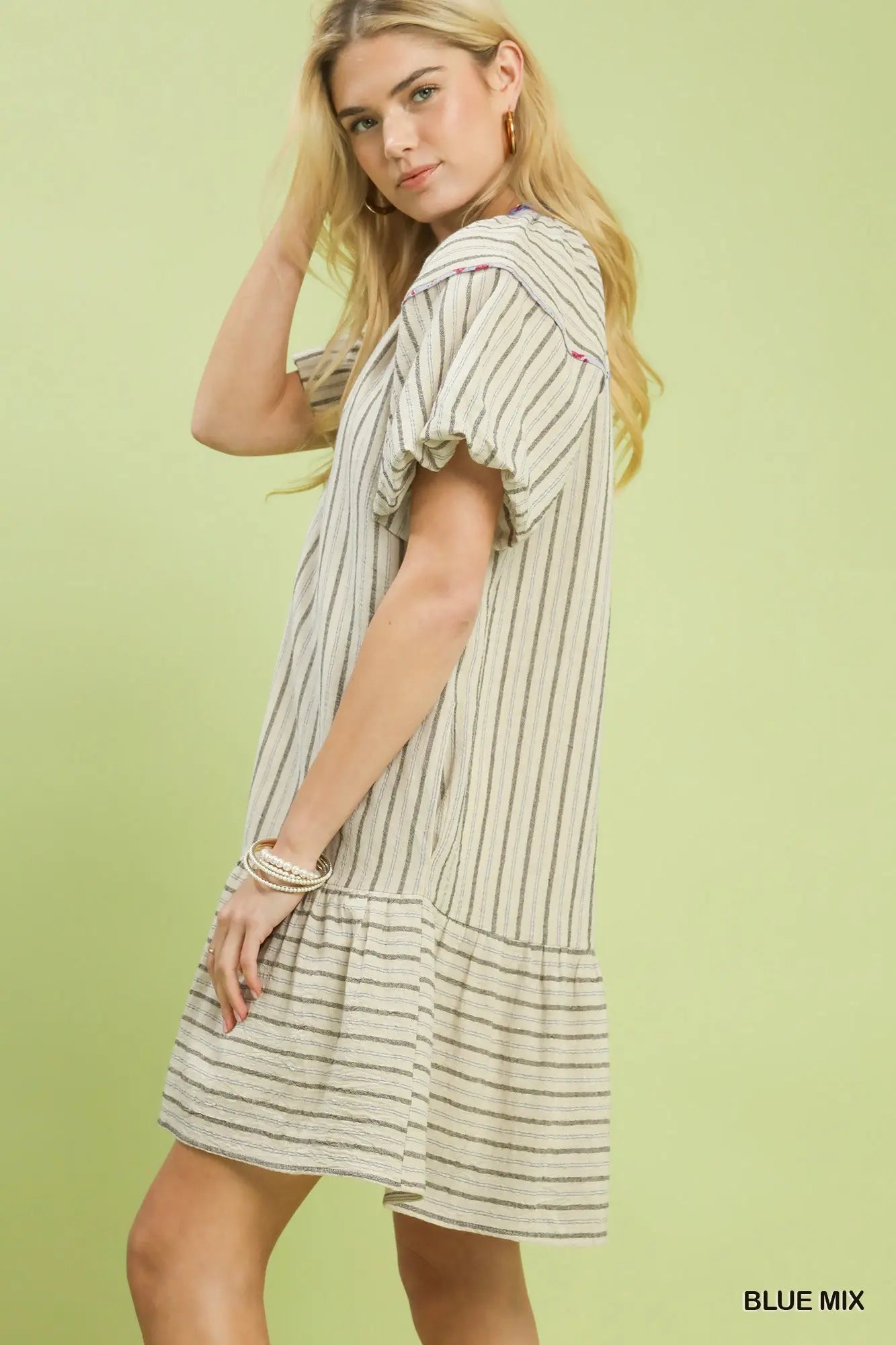 Blue MixV-Neck Button Down Shirt Dress