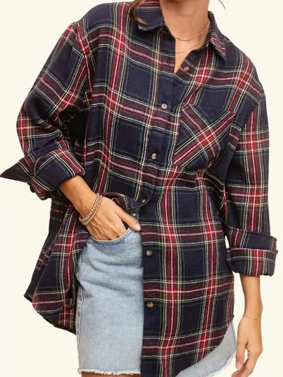 Midnight Blue Loose Fit Button Down Soft Fabric Plaid Shirts