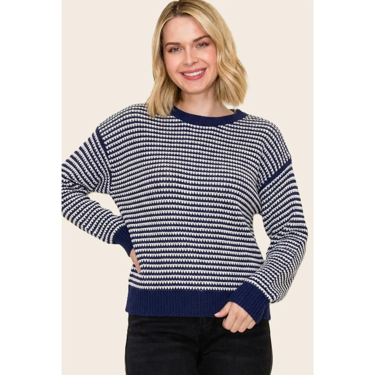 Blue 2 Tone Waffle Striped Pullover Sweater