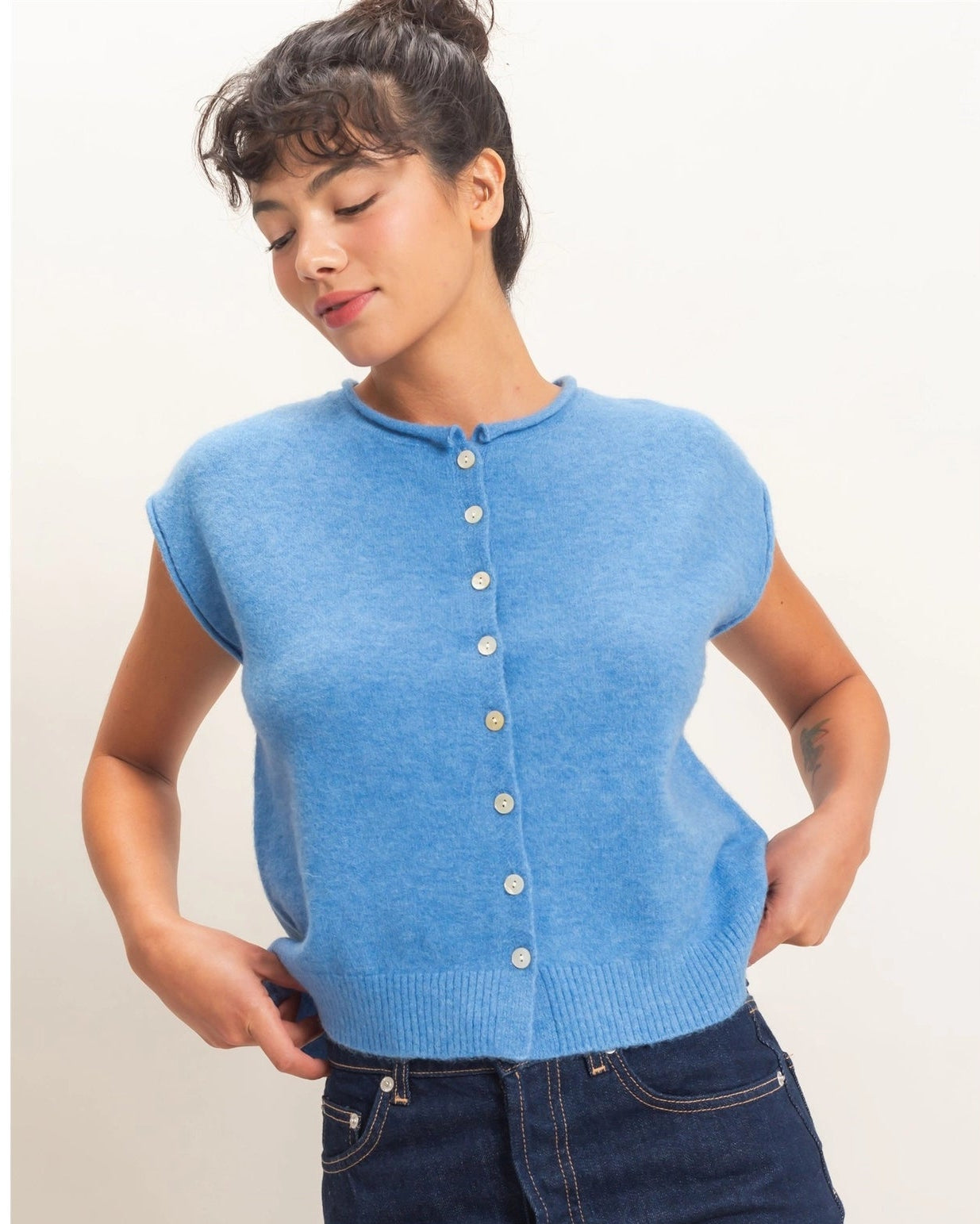 Blue Rolled Edge Button Front Sweater Vest
