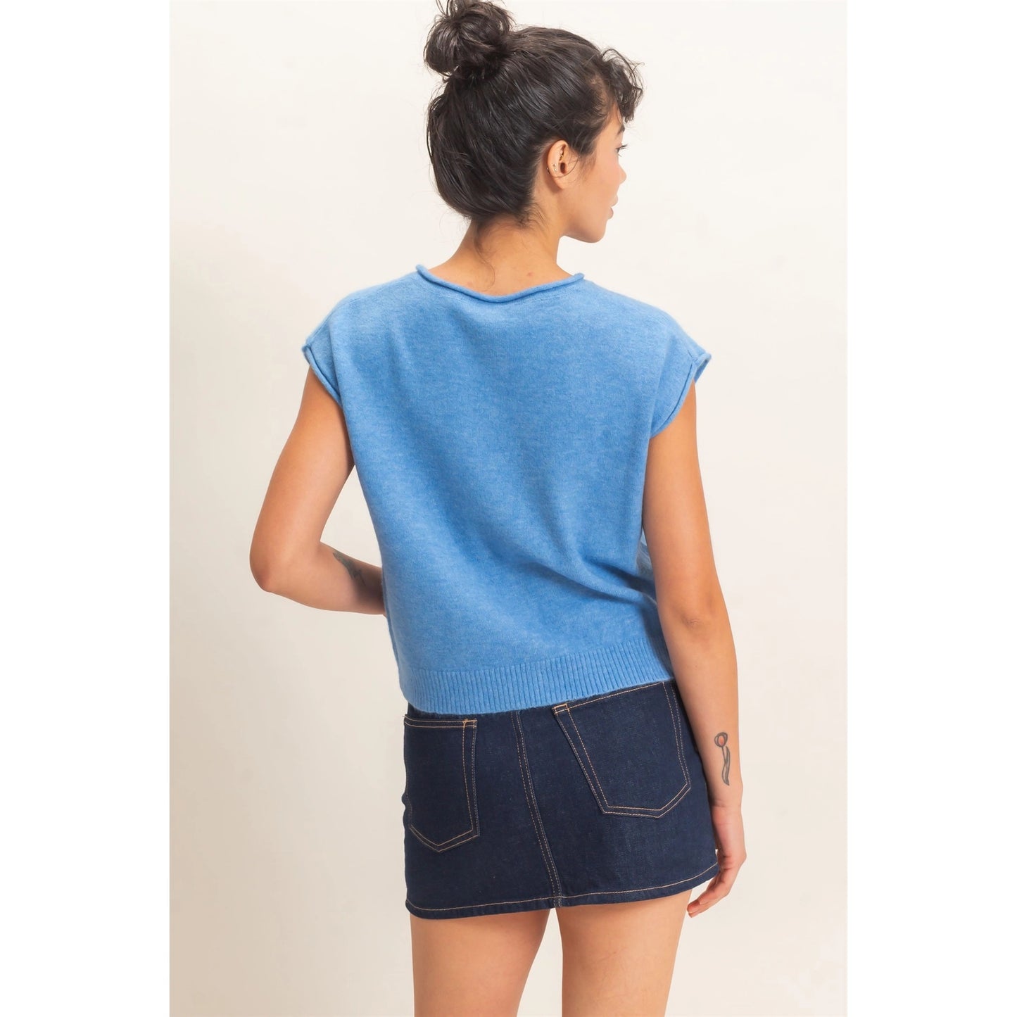 Blue Rolled Edge Button Front Sweater Vest