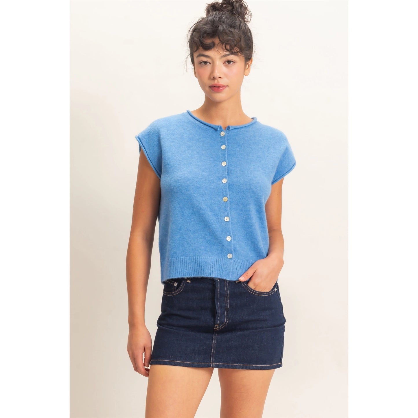 Blue Rolled Edge Button Front Sweater Vest
