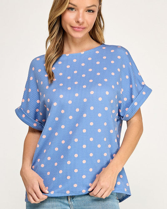 Blue with pink polka dot ribbed top