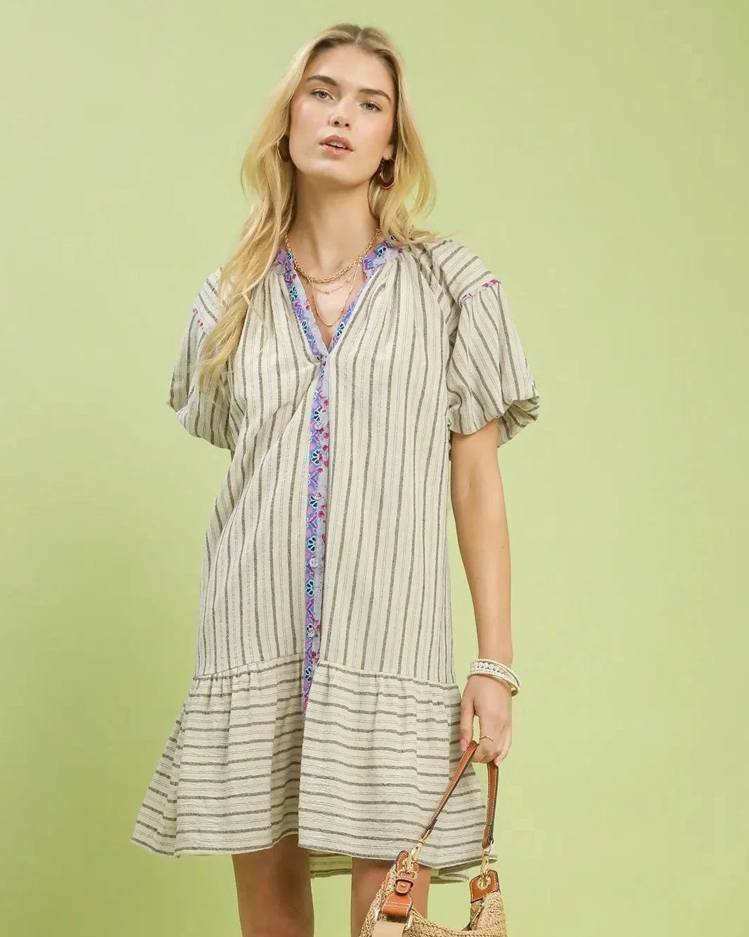 Blue MixV-Neck Button Down Shirt Dress