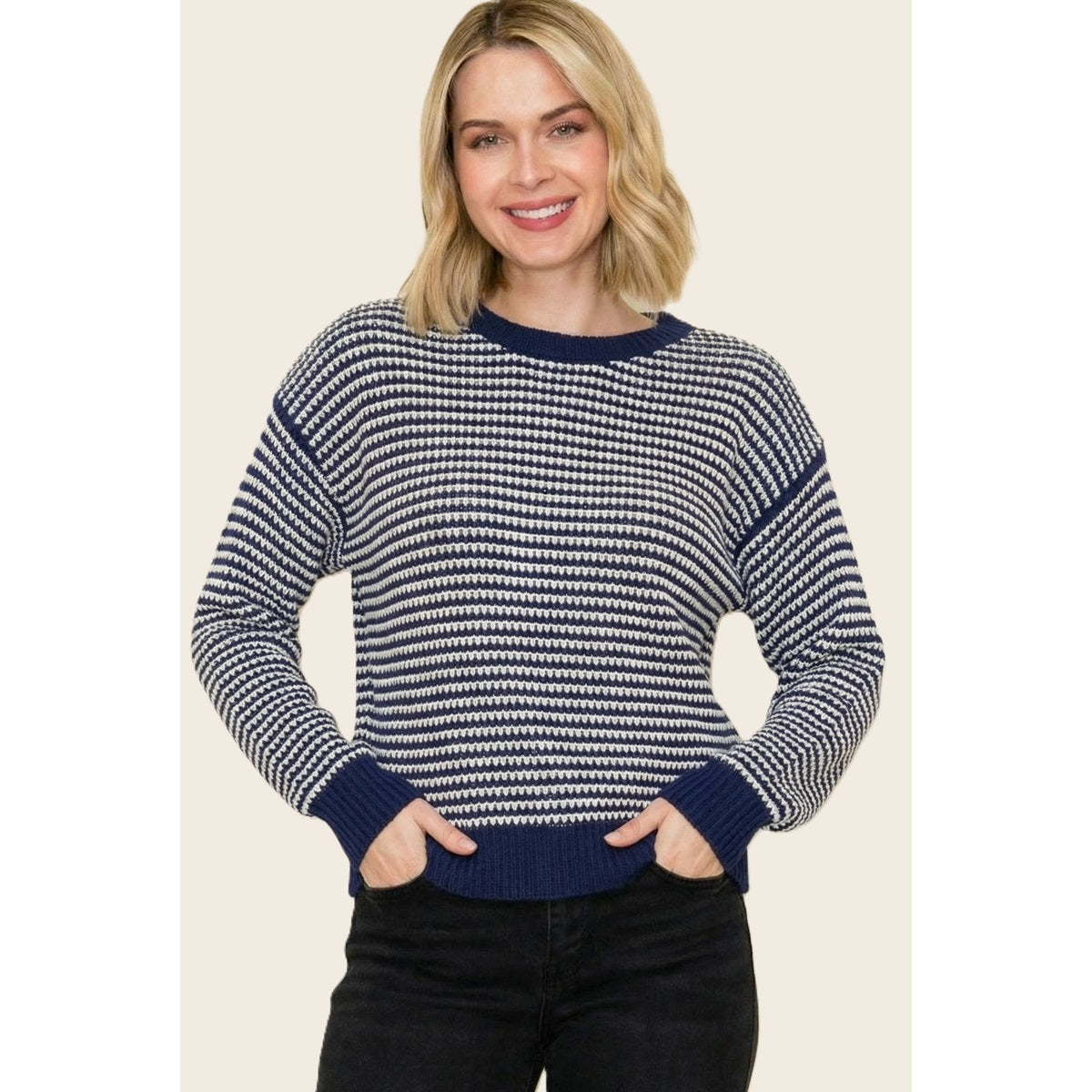 Blue 2 Tone Waffle Striped Pullover Sweater