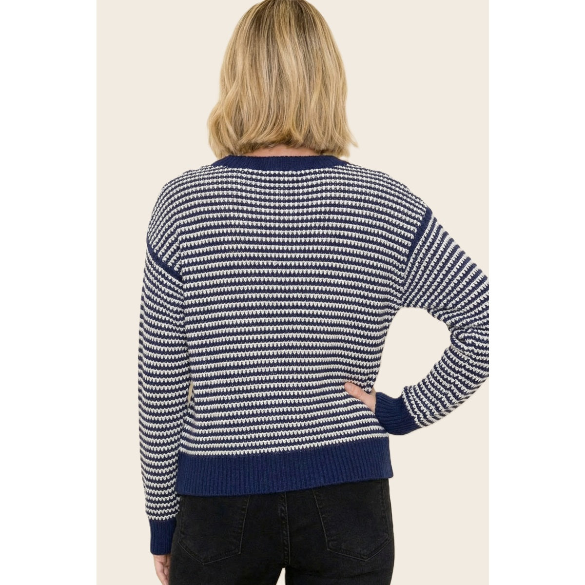 Blue 2 Tone Waffle Striped Pullover Sweater