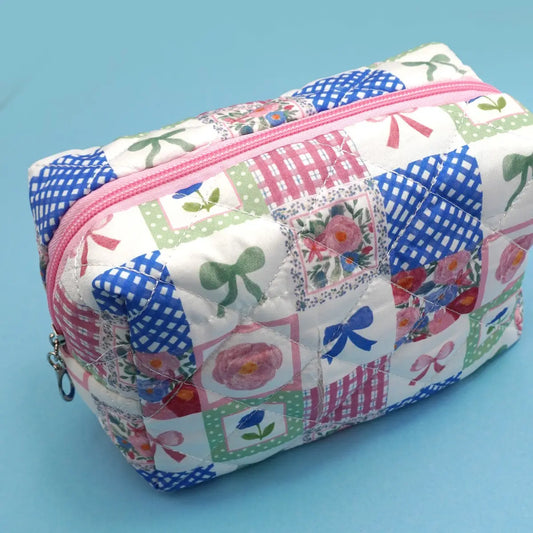 Bow Quilted Cotton Floral Cosmetic Pouch Bag