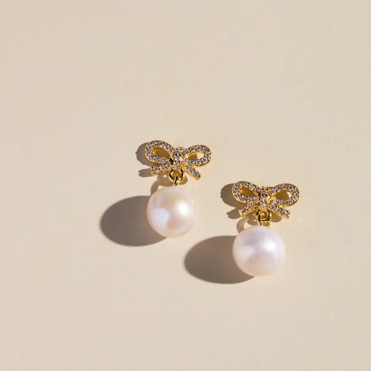 Bow and Pearl Studs - Nickel & Suede