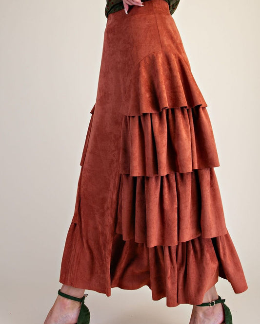 Brick Tiered Suede Maxi Skirt
