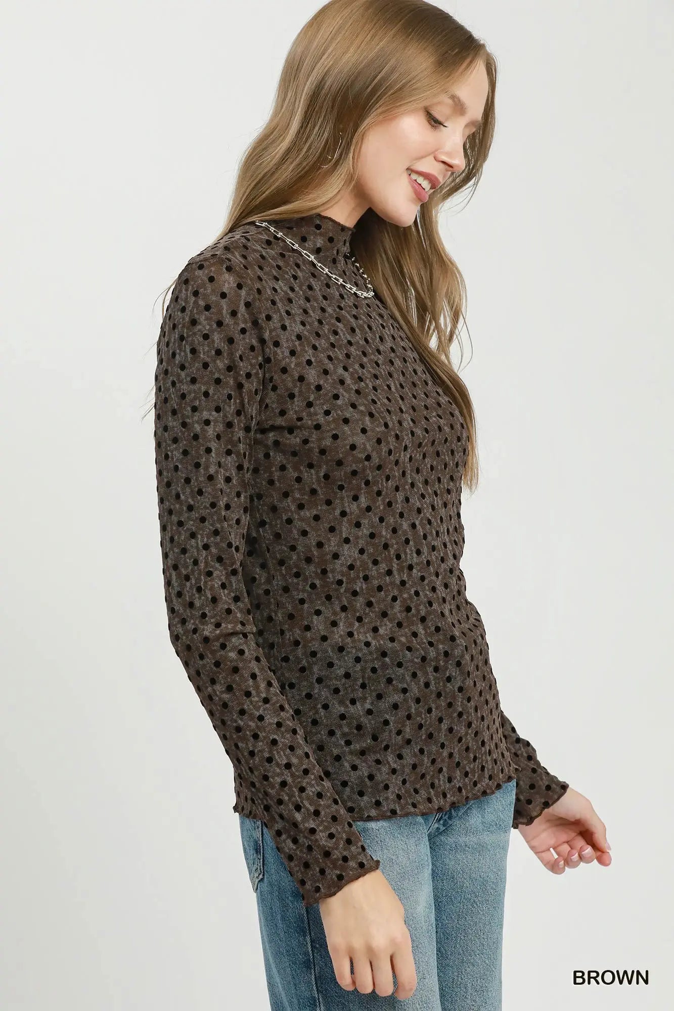 Polka Dot Mock Neck Long Sleeve Top