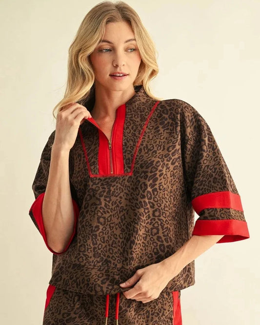 Red and Leopard half zip faux suede top