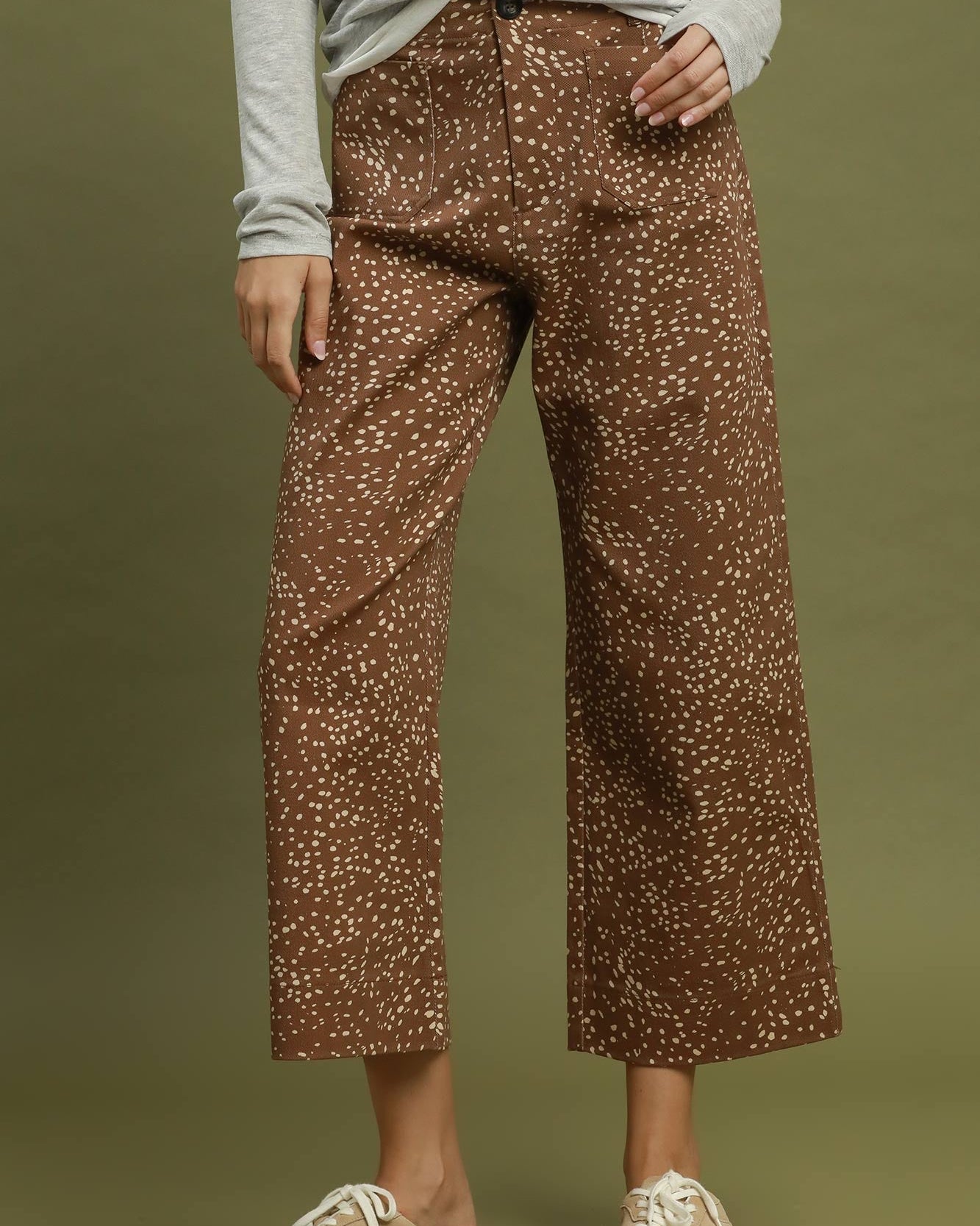 Brown Print wide leg crop pant