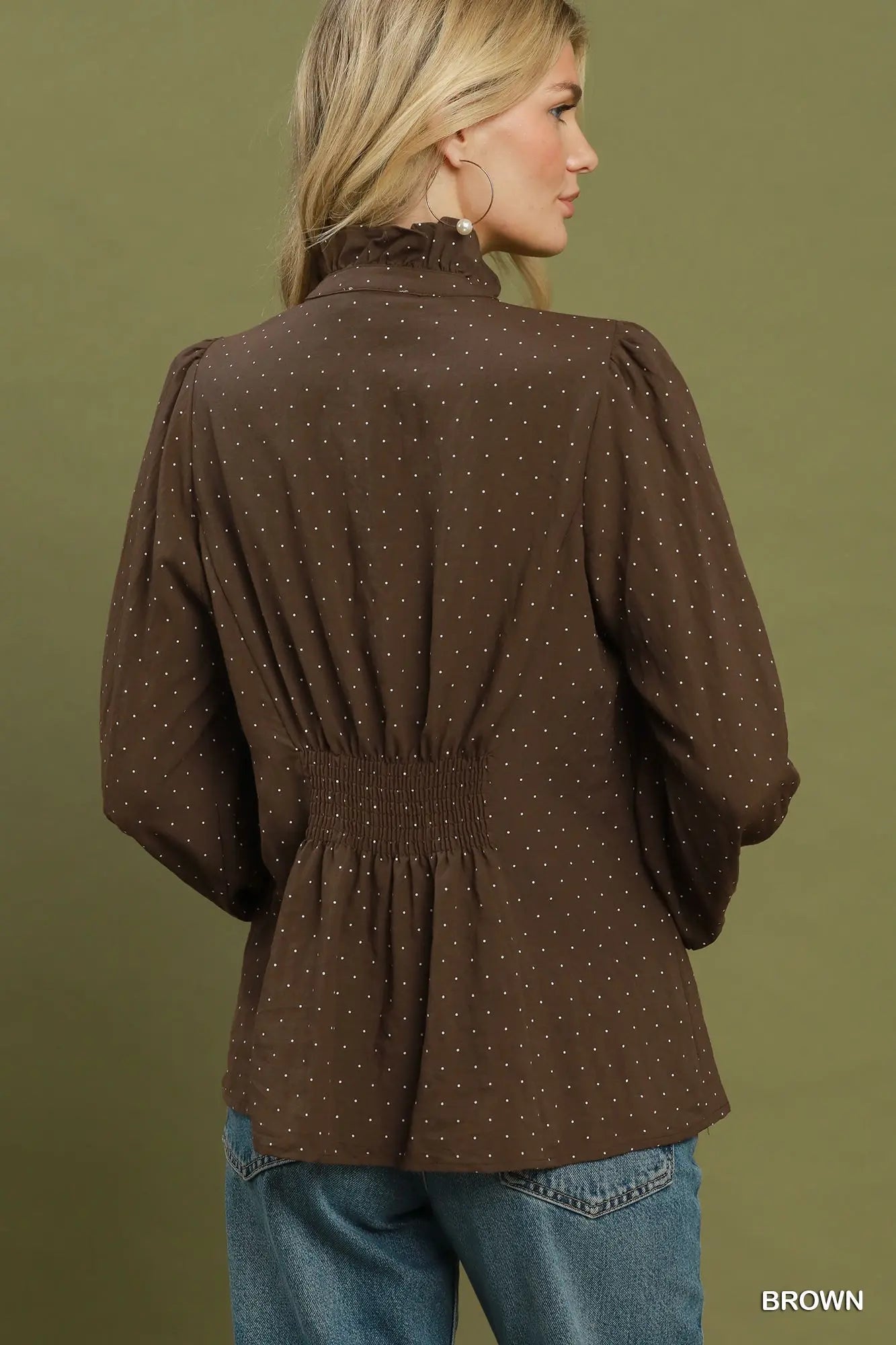 Brown Swiss Dot Ruffle Collar Button-Front Blouse