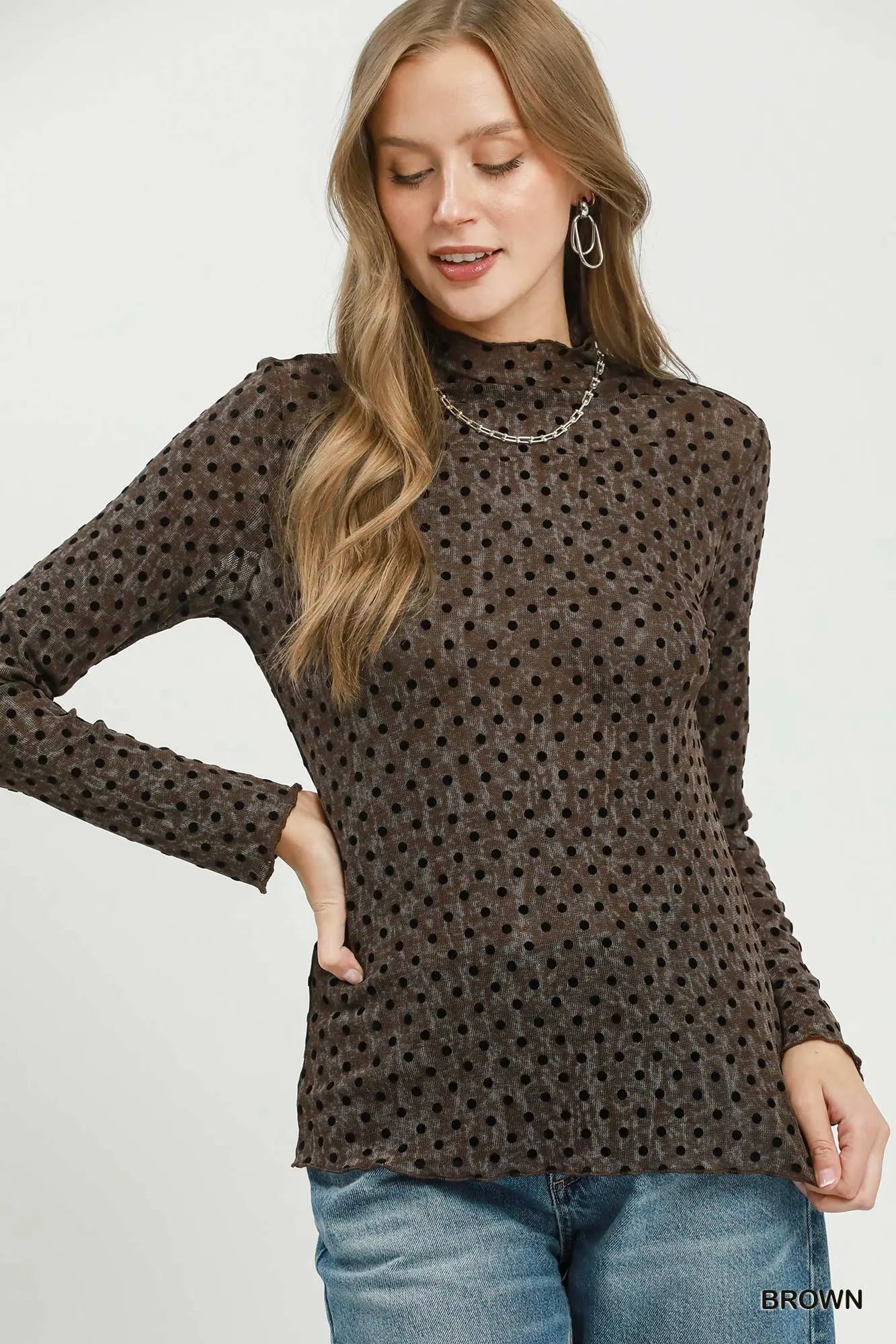 Polka Dot Mock Neck Long Sleeve Top