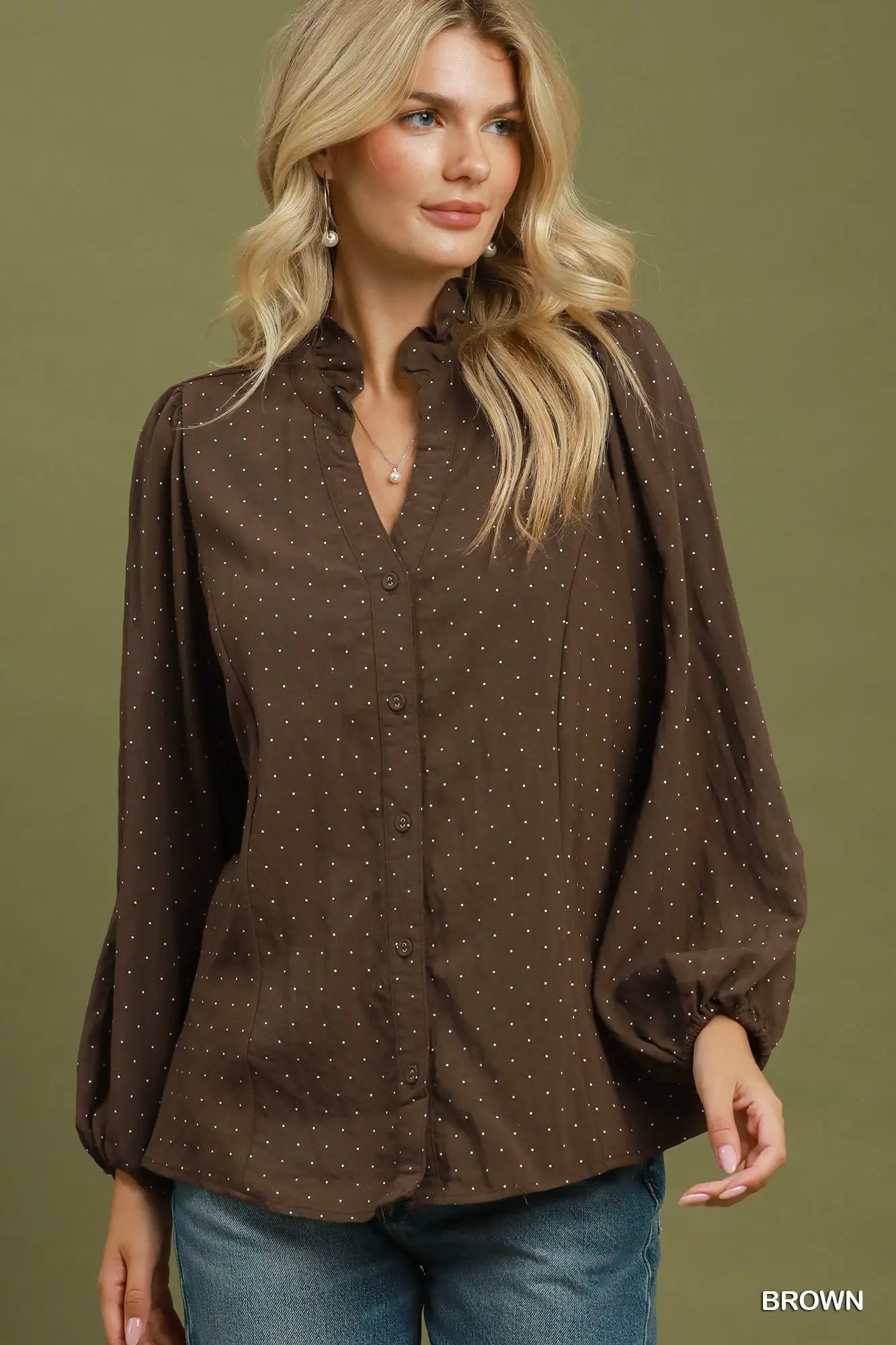 Brown Swiss Dot Ruffle Collar Button-Front Blouse