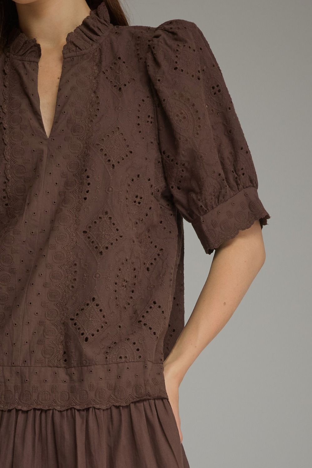 Brown eyelet & embroidery dress