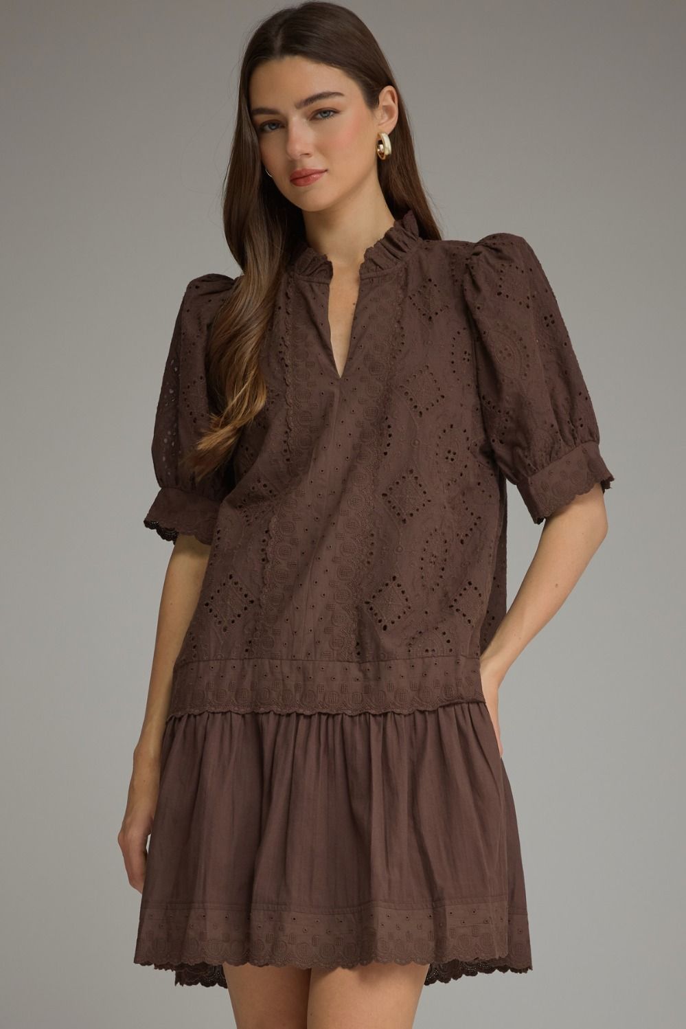 Brown eyelet & embroidery dress