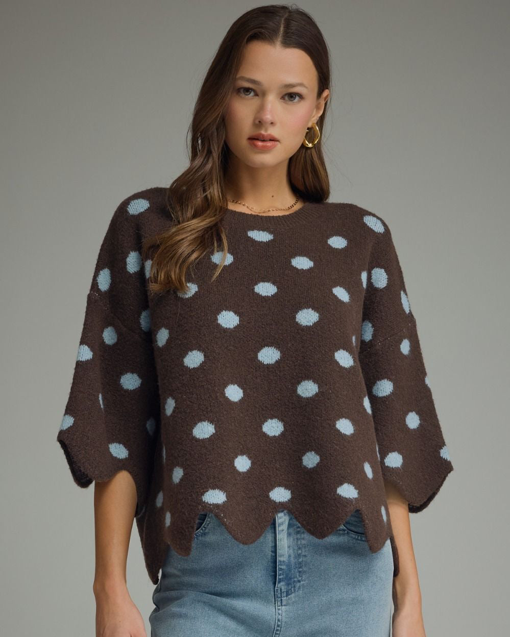 Brown dot polka dot scallop sweater