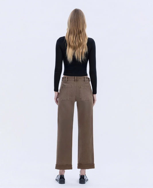 Flying Monkey Brown High Rise Tabbed Waistband Cuffed Slim Wide Jeans