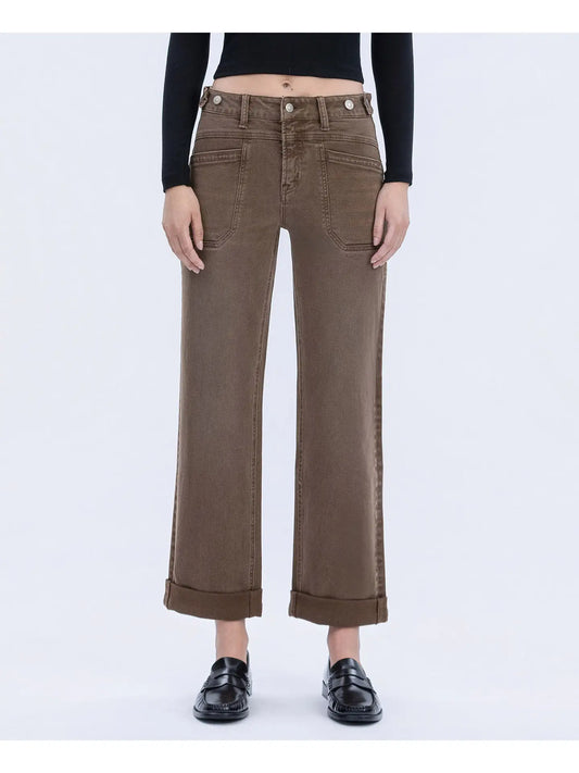 Flying Monkey Brown High Rise Tabbed Waistband Cuffed Slim Wide Jeans