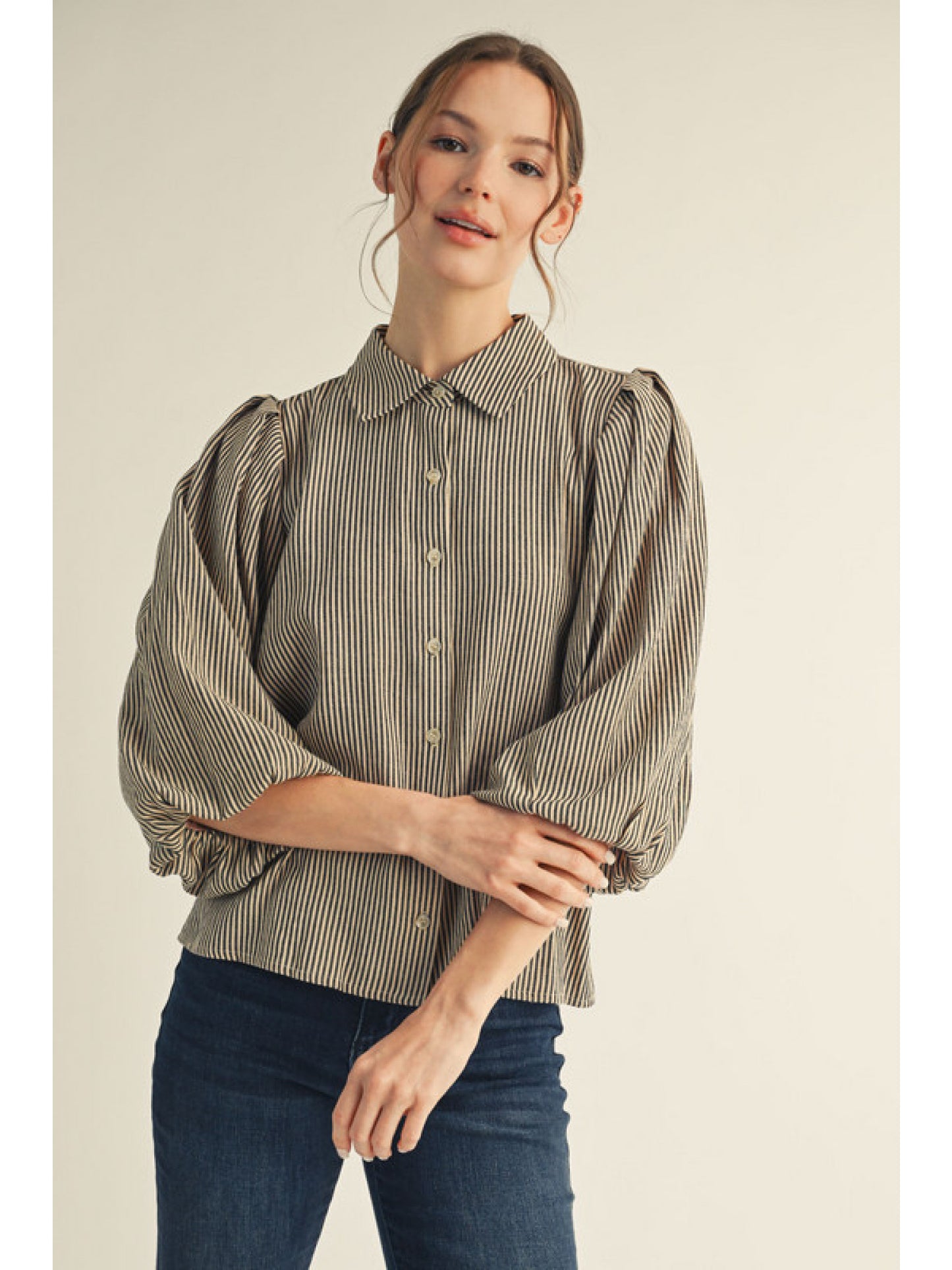 Light Taupe Striped Button Top