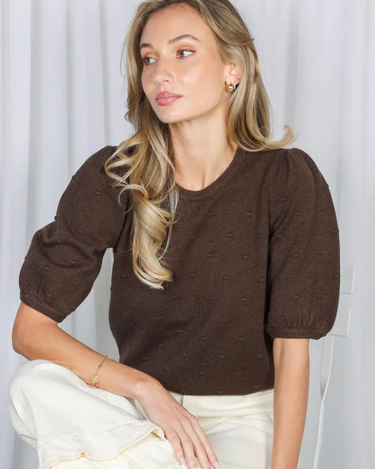 Brown textured short sleeve sweater