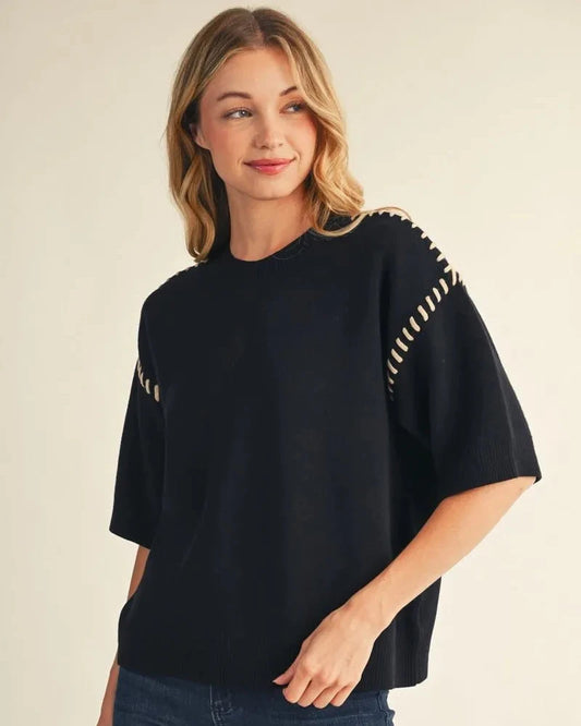 Black Stitch accent short sleeve sweater