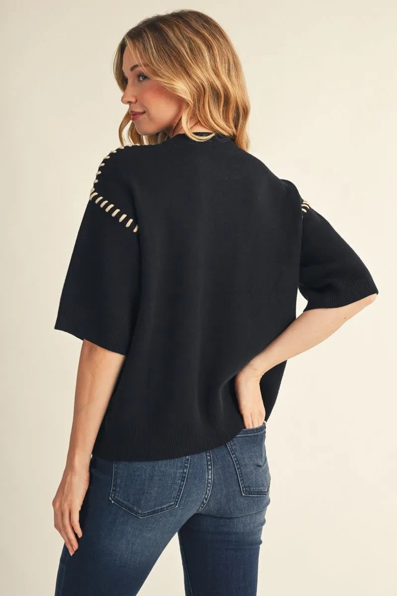 Black Stitch accent short sleeve sweater