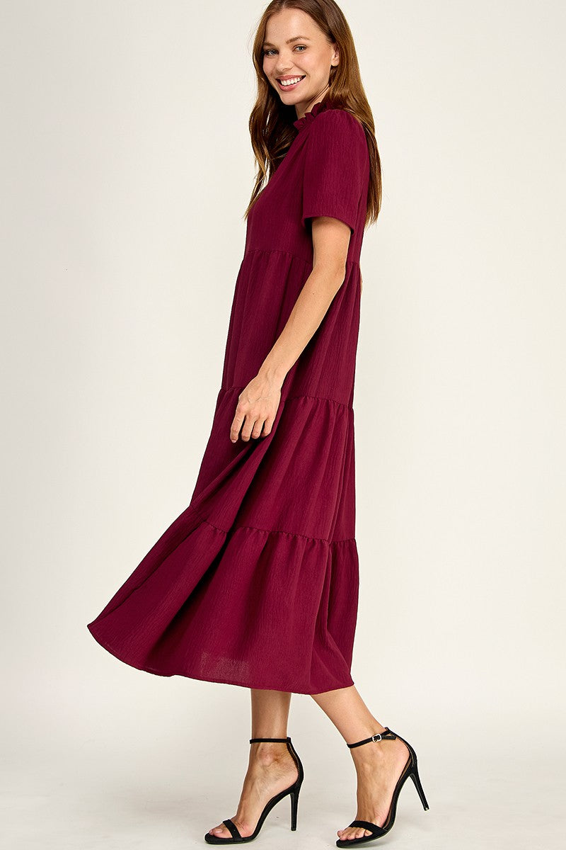 Burgundy Ruffled neck maxi dress