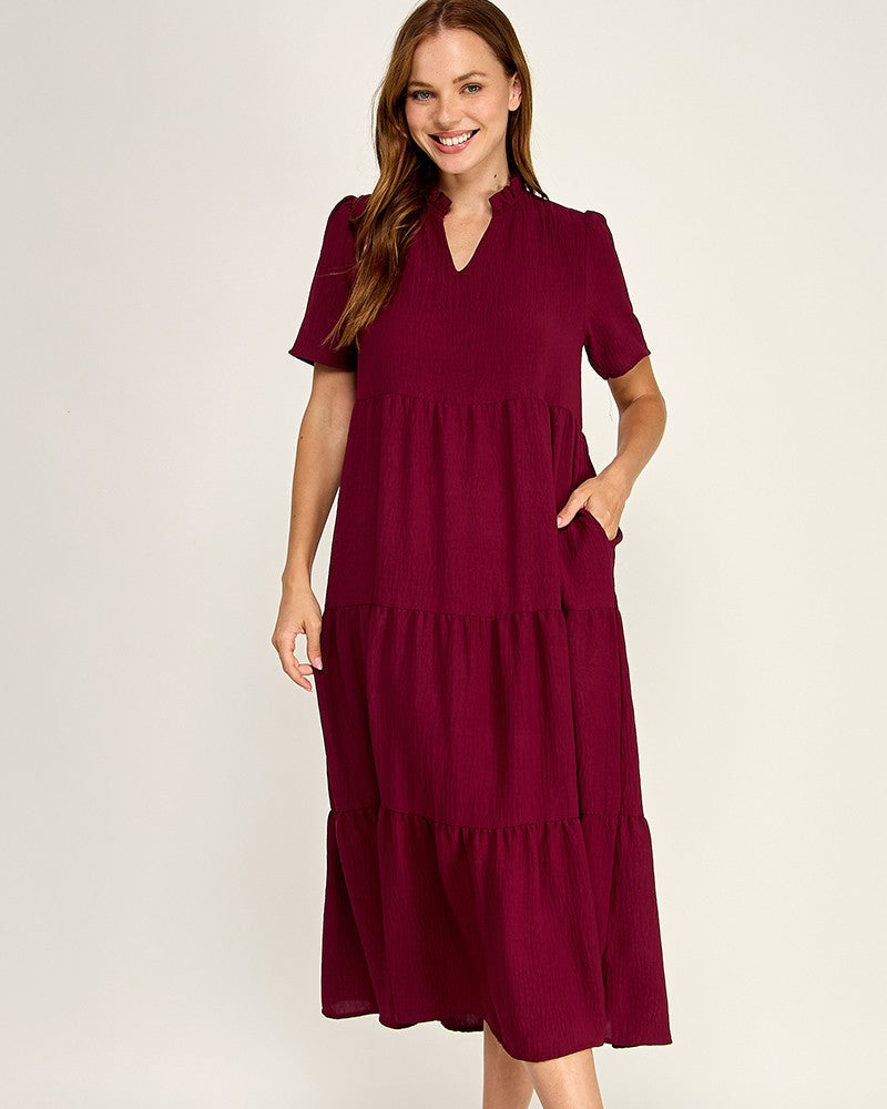Burgundy Ruffled neck maxi dress