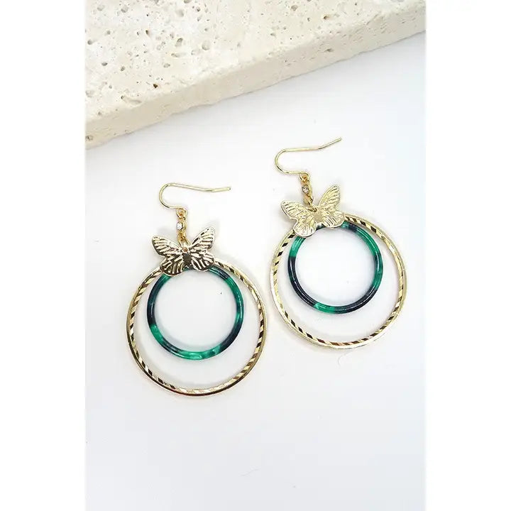 Butterfly Green Marble Circle Earring