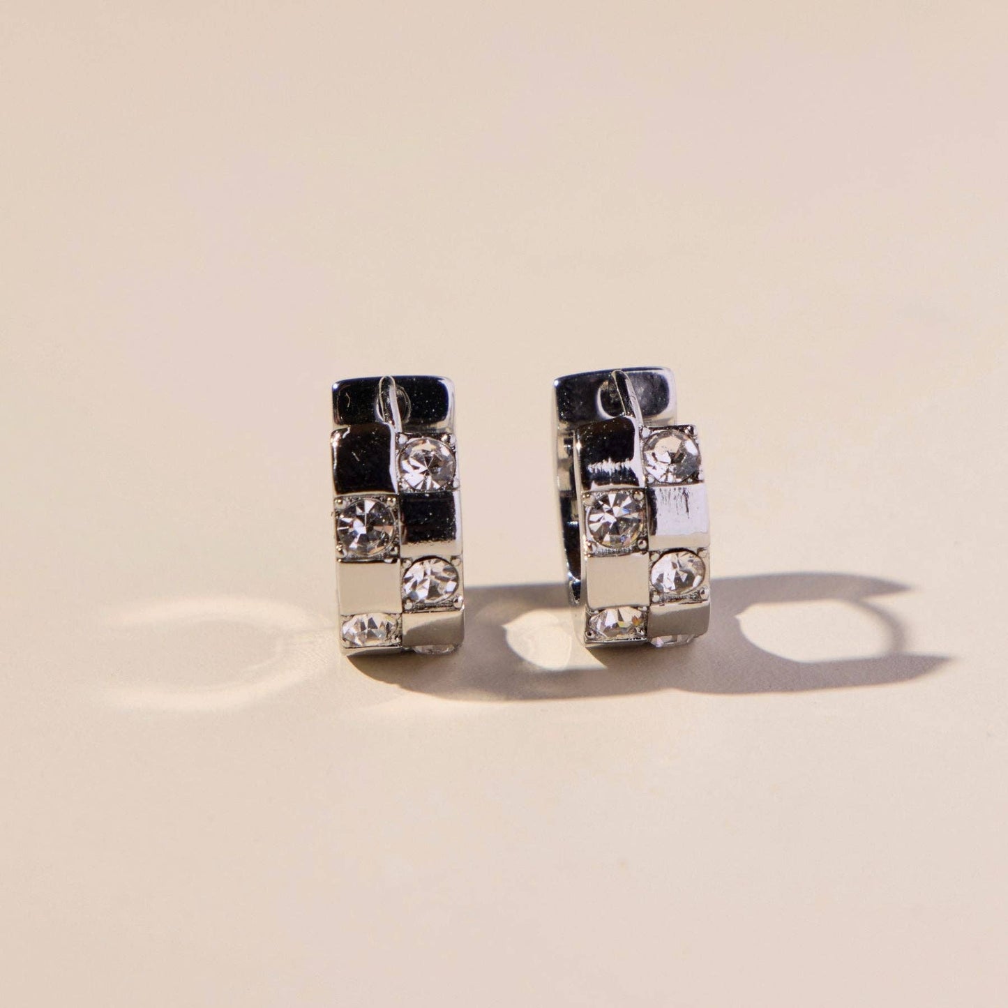 Silver Pavé Checkered Huggies Nickel & Suede