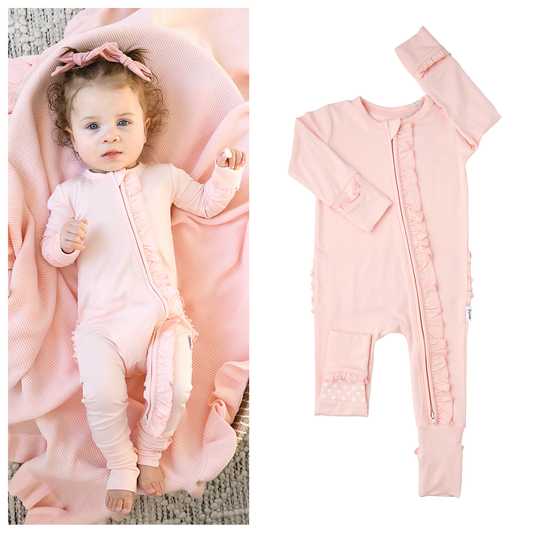 Light Pink RUFFLE ZIP Bamboo Keepsake 2-Way Zip Baby Outfit