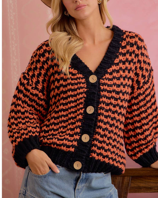 Orange and black chunky knit cardigan