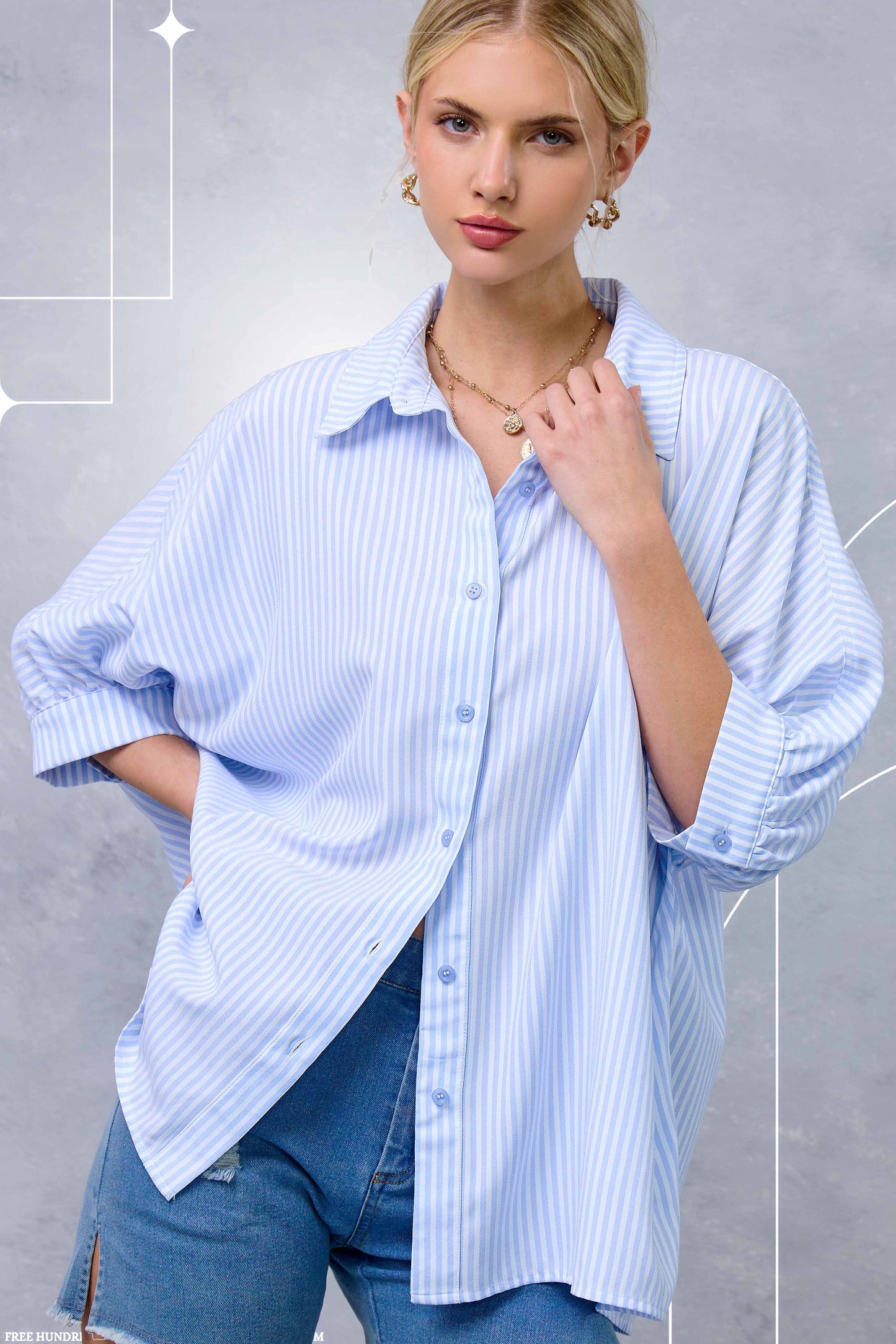 Gray Relaxed Striped 3/4 Sleeve Button Down Shirt Fall