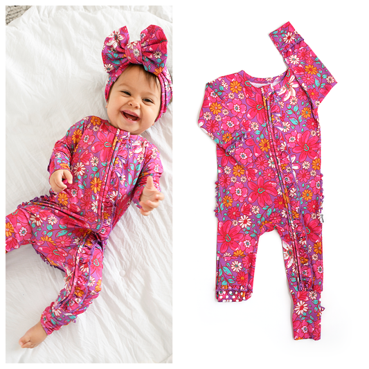 Posie RUFFLE ZIP Bamboo One Piece Floral Baby Outfit