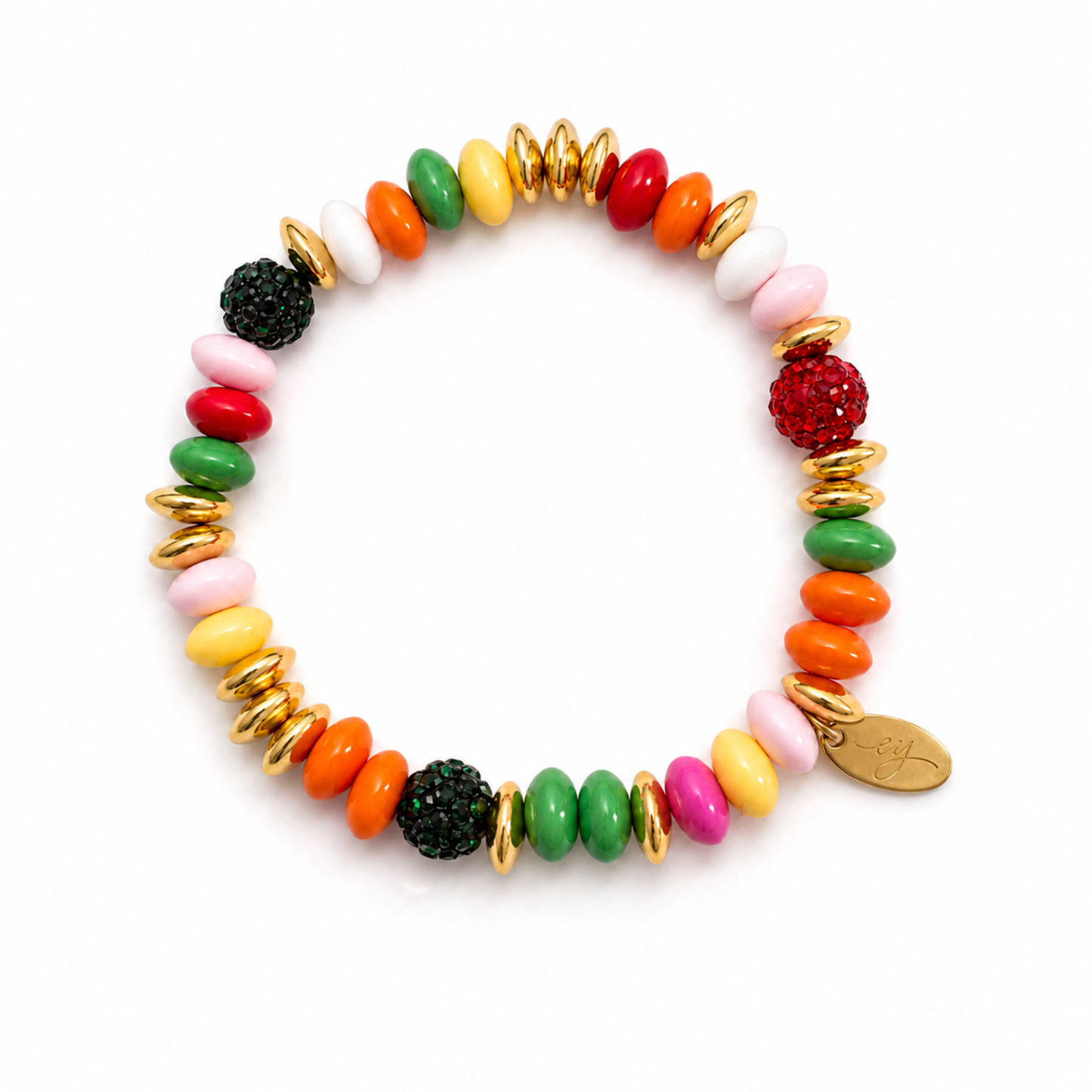 Festive Color Bead Stretch Bracelet, Gold Accent & Crystal Pavé