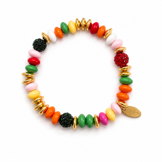 Festive Color Bead Stretch Bracelet, Gold Accent & Crystal Pavé
