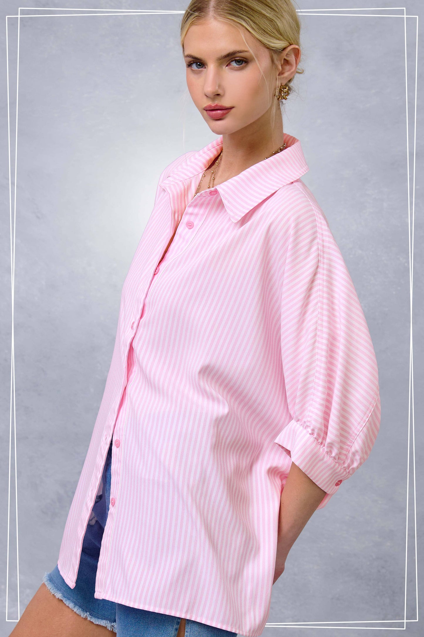 Gray Relaxed Striped 3/4 Sleeve Button Down Shirt Fall