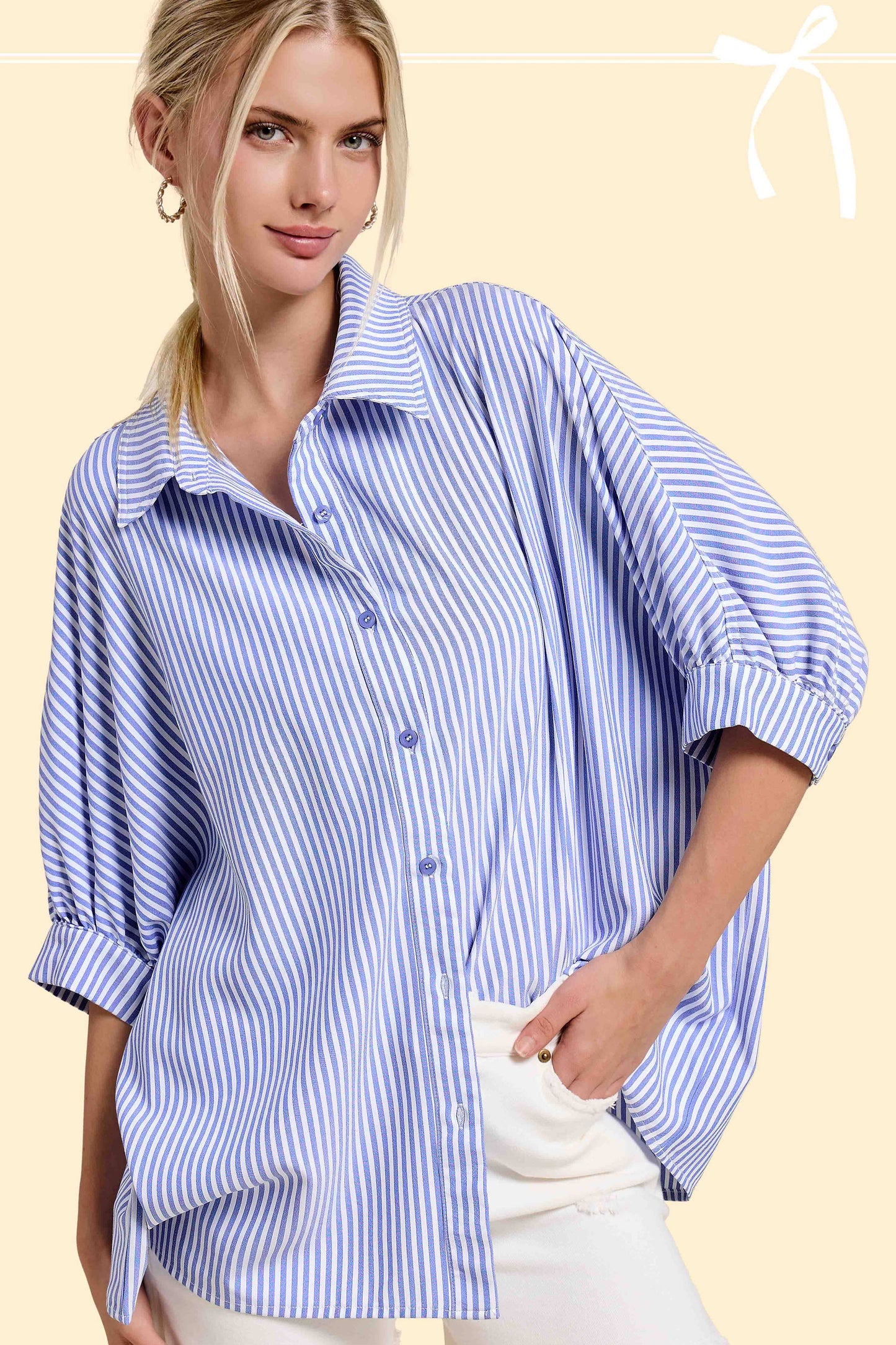 Gray Relaxed Striped 3/4 Sleeve Button Down Shirt Fall