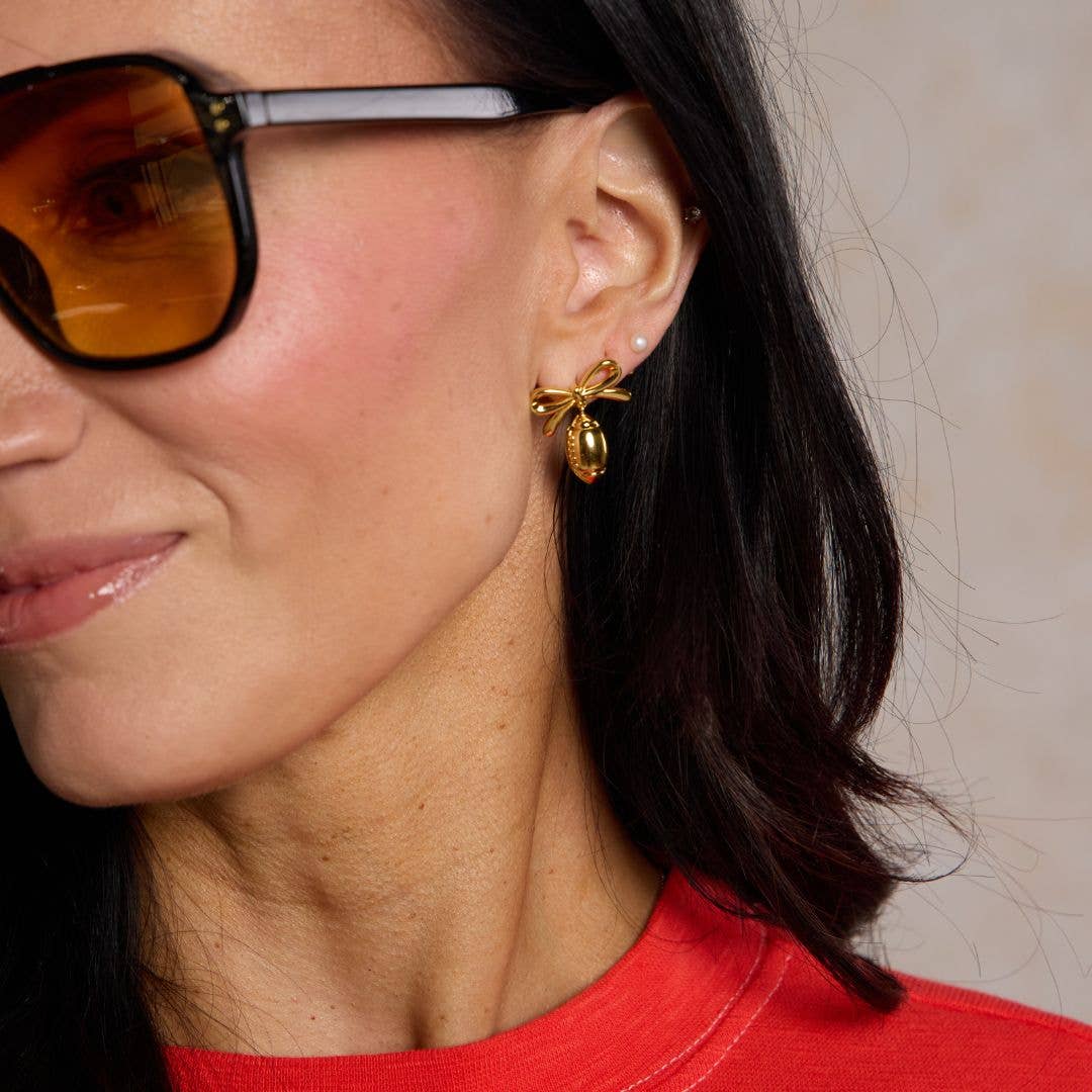 Gold Waterproof Football & Bow Drop Stud Earrings - Nickel & Suede