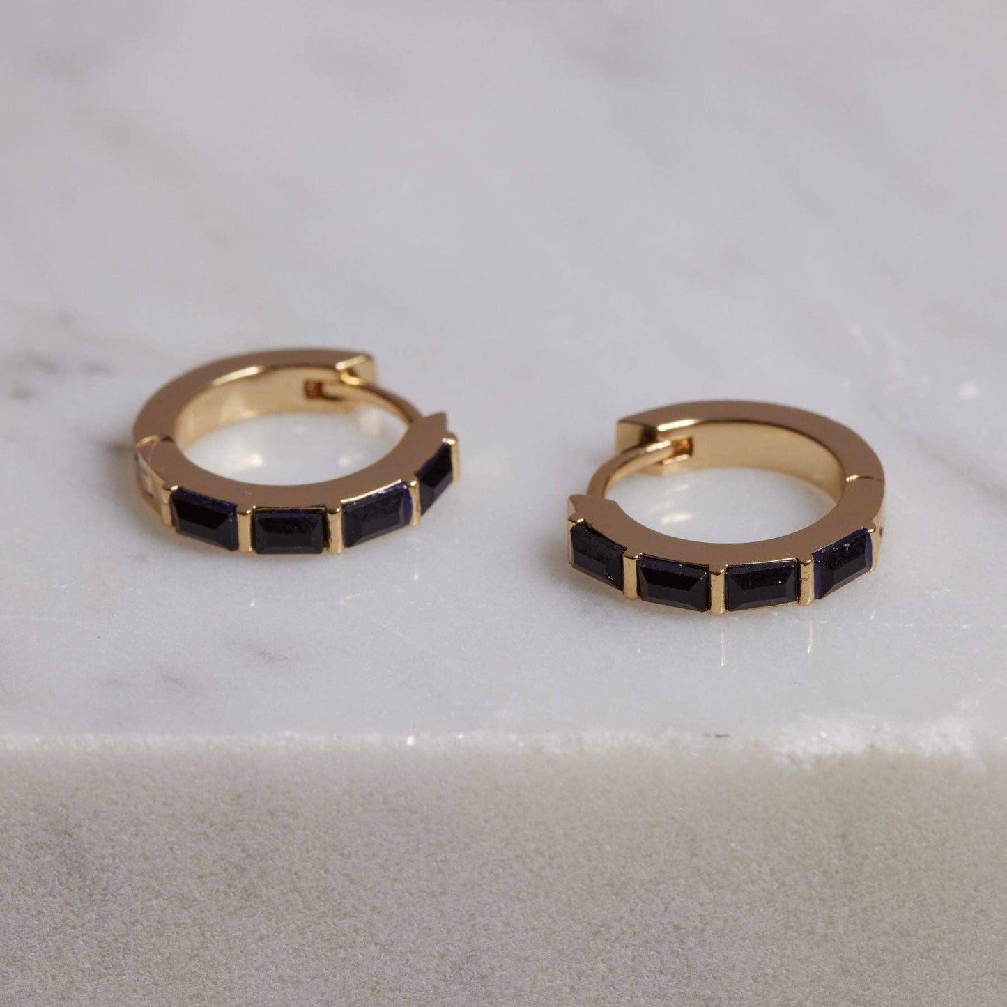 Black Crystal Baguette Huggies - Nickel & Suede