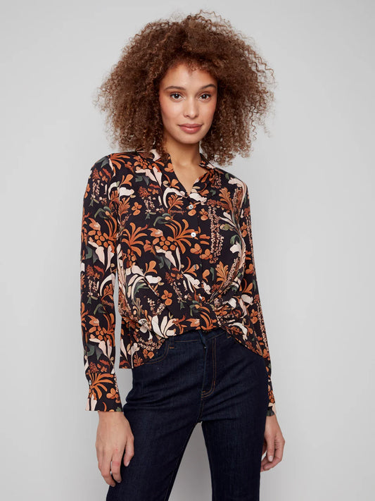 Printed Viscose Button-Down Shirt With Twisted Front - Batik