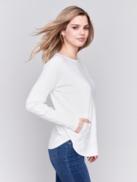 Ecru Plushy Knit Crew Neck Sweater with Lace up detail