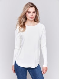 Ecru Plushy Knit Crew Neck Sweater with Lace up detail