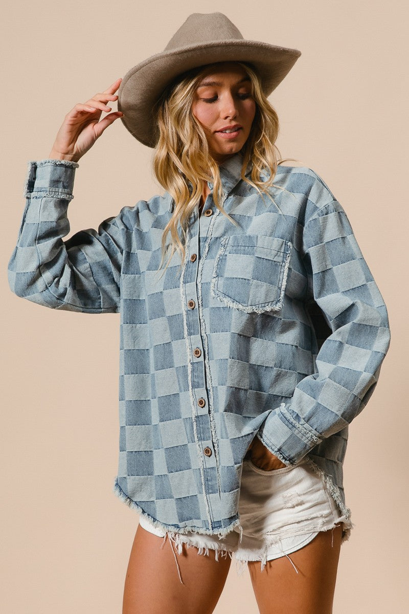 Denim Frayed Detail Checkered Shirt