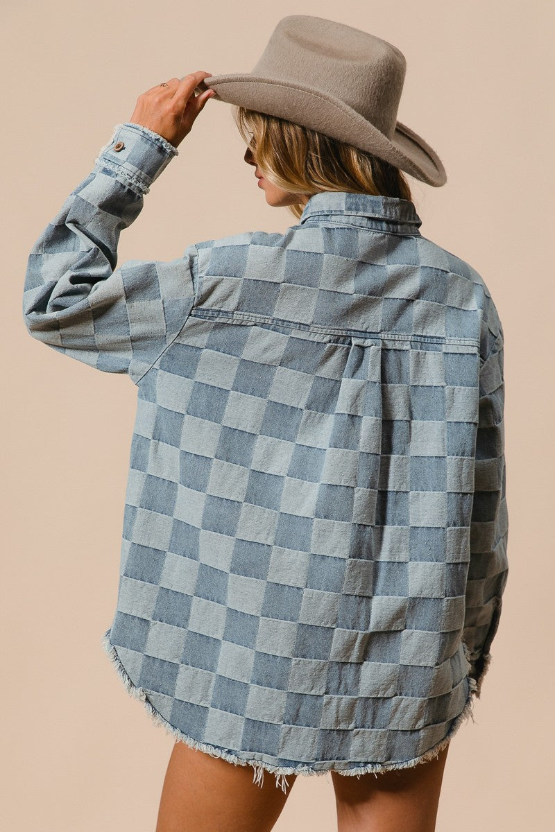 Denim Frayed Detail Checkered Shirt