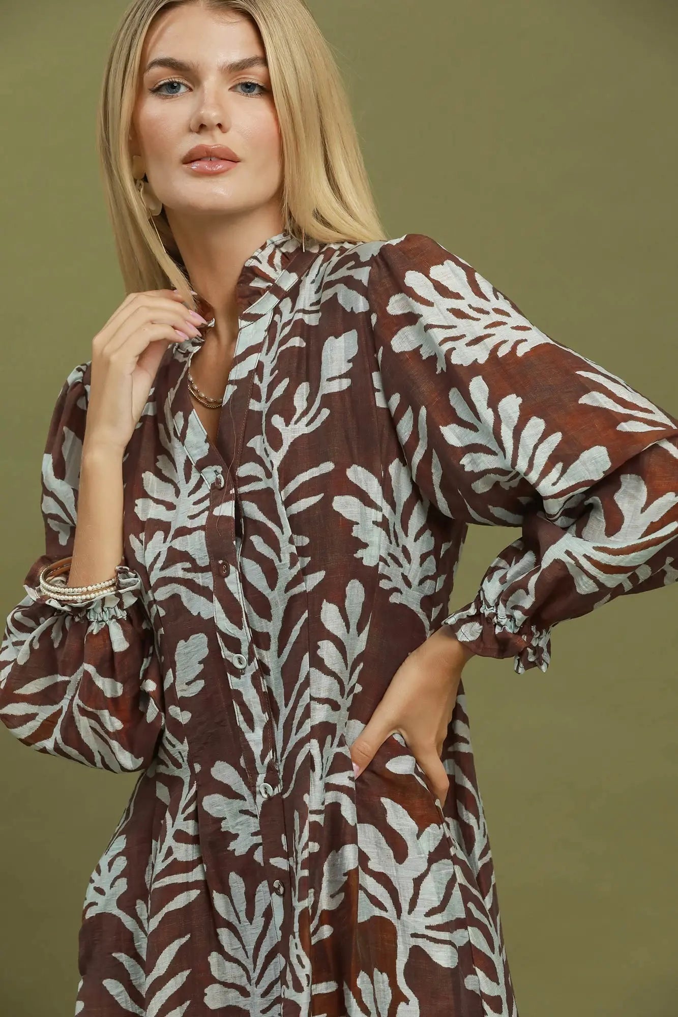 Chocolate Mix Botanical Print Button Front Shift Dress