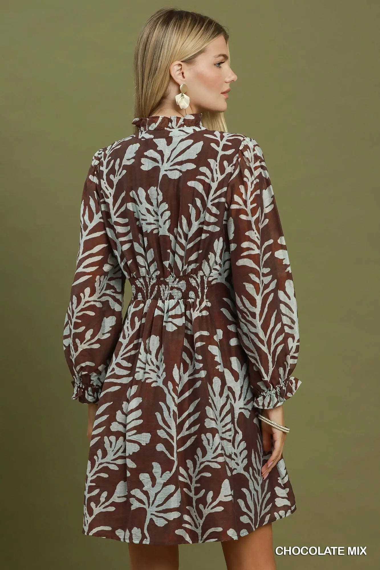 Chocolate Mix Botanical Print Button Front Shift Dress