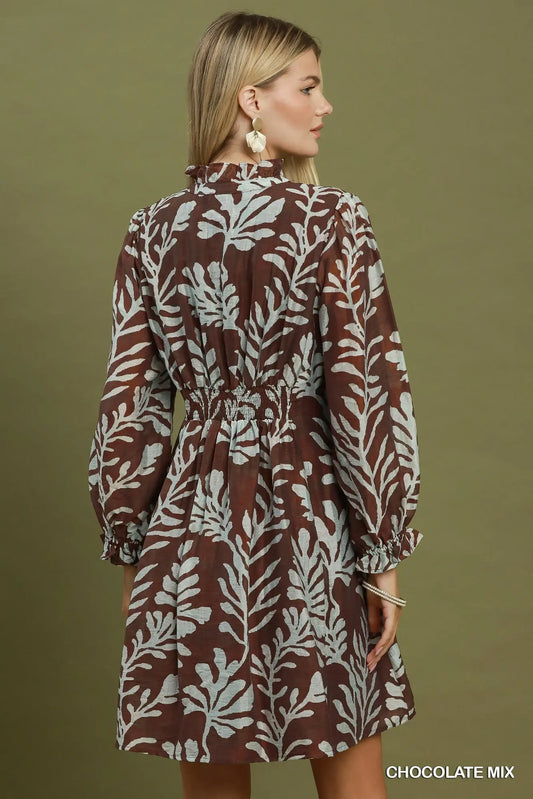 Chocolate Mix Botanical Print Button Front Shift Dress